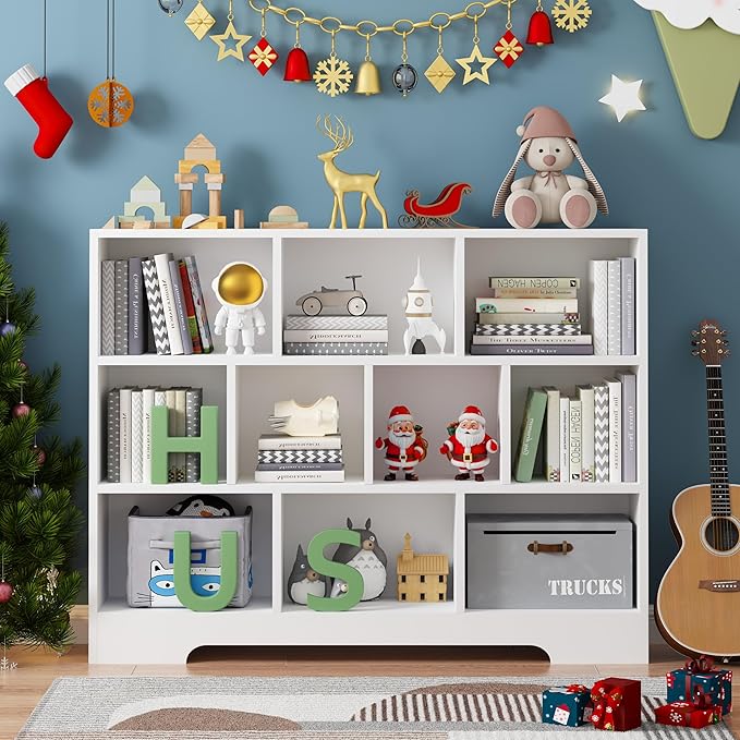 Book Shelf Set of 2, 10 Cubes Storage Organizer, 3-Tier Open Shelf Wooden Bookcase, Freestanding White Bookshelf Cube Shelf for Bedroom, Living Room, Home Office