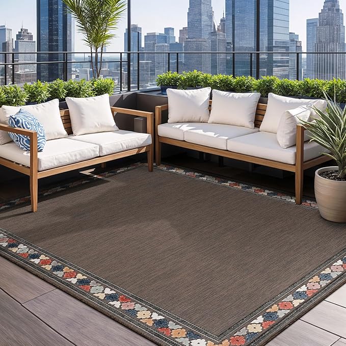 Beverly Rug Outdoor Rug 5x7 Modern Bordered Area Rugs for Indoor and Outdoor Patio Easy to Clean Non Shedding Living Room Porch Garden Washable Outside Carpet (5 x 7 Brown)