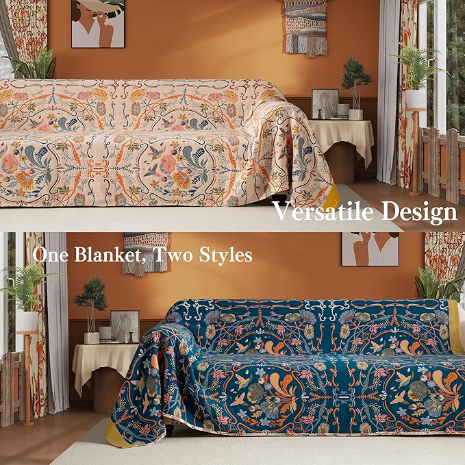 Boho Throw Blanket Twin Size, Soft Cozy Cotton Muslin Quilt Blanket for Bed Decor, Floral Patterned Couch Sofa Chair Cover, Vintage Farmhouse Cottage Tapestry Woven Blanket, Yellow&Blue