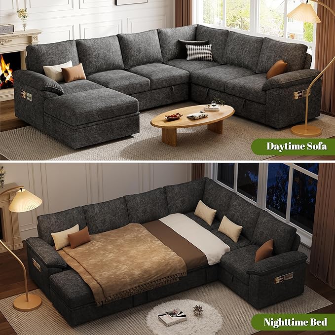 108 Inch Sectional Sleeper Sofa with Pull Out Bed,U Shaped 7 Seat Modular Sectional Sofa with Storage,Sectional Couches for Living Room,Cloud Modular Couch,Removable Sofa Cover,Dark Grey