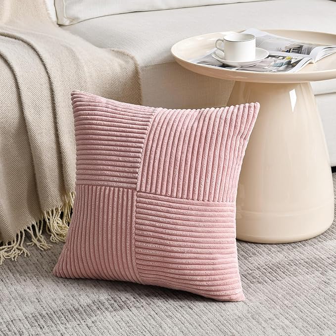 Fancy Homi 2 Packs Blush Pink Samll Decorative Throw Pillow Covers 14x14 Inch with for Couch Bed Sofa, Rustic Farmhouse Boho Home Decor, Soft Corss Patchwork Corduroy Square Cushion Case 35x35 cm