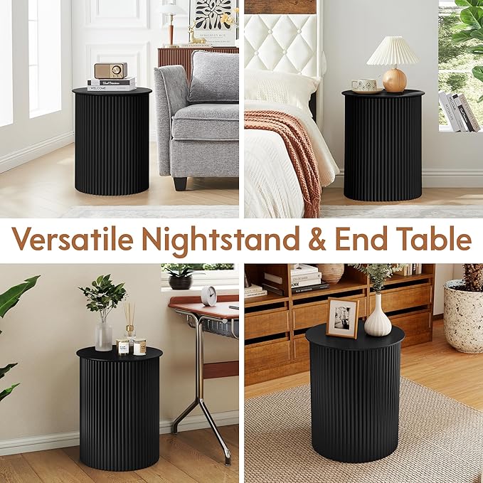 AVZEAR Fluted Round Side Table Small Mid Century End Table, 17.7" Fluted Nightstands Modern Circle Bedside Tables, Black Wood Night Stand for Small Spaces, Living Room, Bedroom (Black)