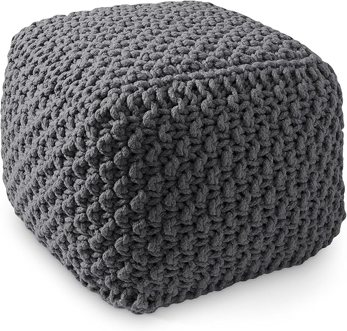Casafield Square Pouf Ottoman, Dark Gray 18.5" W x 18.5" D x 14.5" H Cotton Knit Foot Stool - Boho Floor Pouffe for Living Room, Bedroom, Home Office