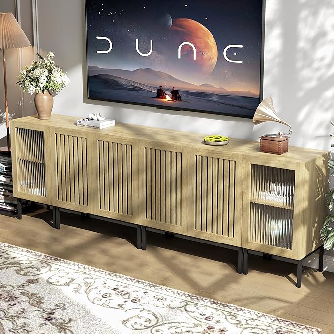 Farmhouse TV Stand for TVs up to 100 Inch, Entertainment Center TV Console with Storage Cabinets and Glass Doors,Media Console for Living Room,Oak