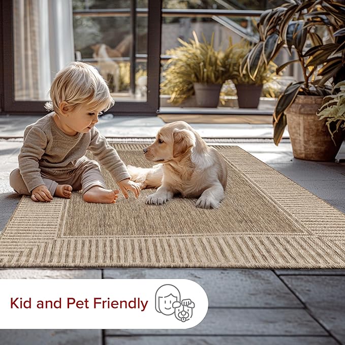 nuLOOM 2' x 3' Outdoor Area Rug, Casual Design With Striped Border, Stain Resistant, Highly Durable, For Patio, Balcony, Bedroom, Living Room, Dining Room, Bathroom, Light Brown