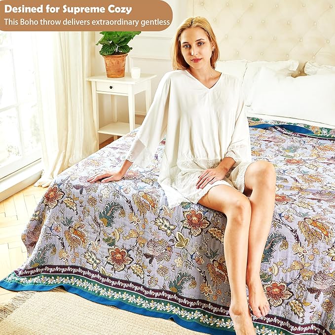Boho Throw Blanket 80" x 90", 100% Organic Cotton Breathable Ultra Soft Bed Purple Quilt Throw - All Season Luxury Floral Farmhouse Decor Blanket for Sofa Couch Chair and Gift.