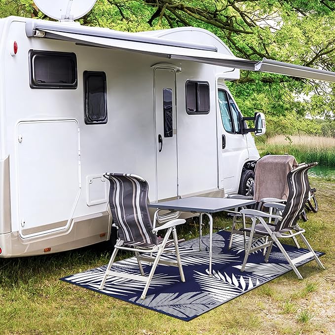 GENIMO Outdoor Rug 3' x 5' Waterproof for Patios Clearance, Reversible Outdoor Plastic Straw Camping Rug Carpet, Large Area Rugs Mats for RV, Camper, Deck, Balcony, Porch, Beach, Navy Blue&White