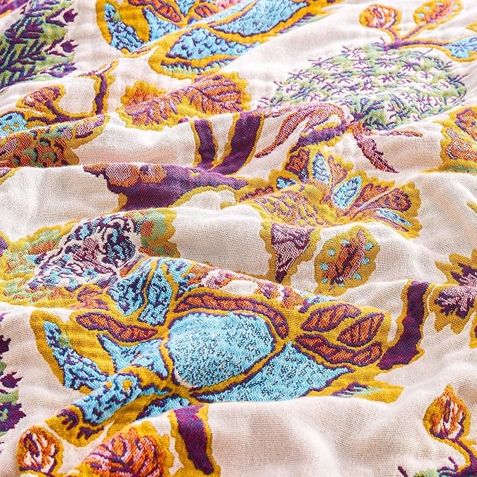 Boho Throw Blanket for Bed, 100% Cotton Soft Rustic Quilt Fall Blanket, 80"x90" Floral Printed Farmhouse Decor Bed Blankets, All Season Rustic Reversible Bohemian Throw Quilt