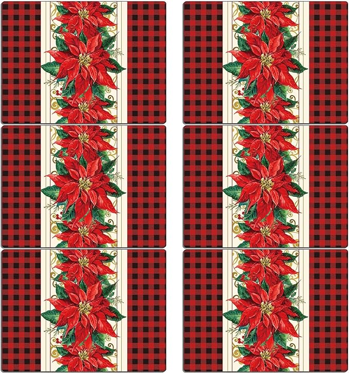 Christmas Poinsettia Placemats Set of 6 Red Watercolor Poinsettia Plastic Table Mats Christmas Xmas Red Flower Place Mats Winter Holiday Table Decoration for Indoor Outdoor Party Kitchen Dining
