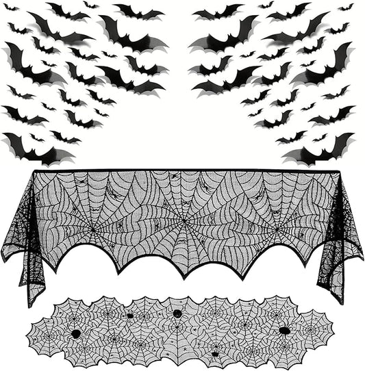 3 Pack Halloween Decorations Sets, Black Lace Spider Webs Table Runner & Halloween Cobweb Fireplace Scarf with 120 pcs 3D Bat for Halloween Indoor Decors Party Supplies