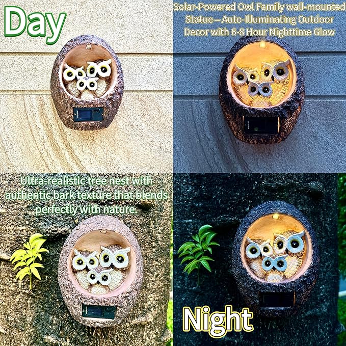 Garden Owl Family Tree Hugger Statue Solar Powered Outdoor Wall Mounted Figurine Light Resin Sculpture Home Decoration Housewarming Ornament Unique Gift