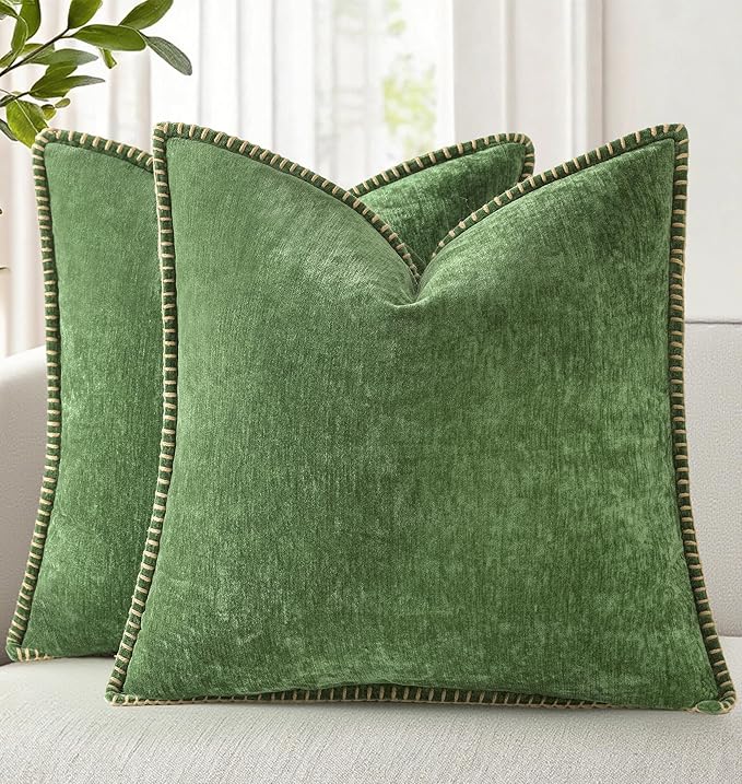decorUhome Fall Chenille Soft Throw Pillow Covers 22x22 Set of 2, Farmhouse Velvet Neutral Decorative Euro Pillow Covers with Stitched Edge for Couch Sofa Bed Home Decor, Forest Elf