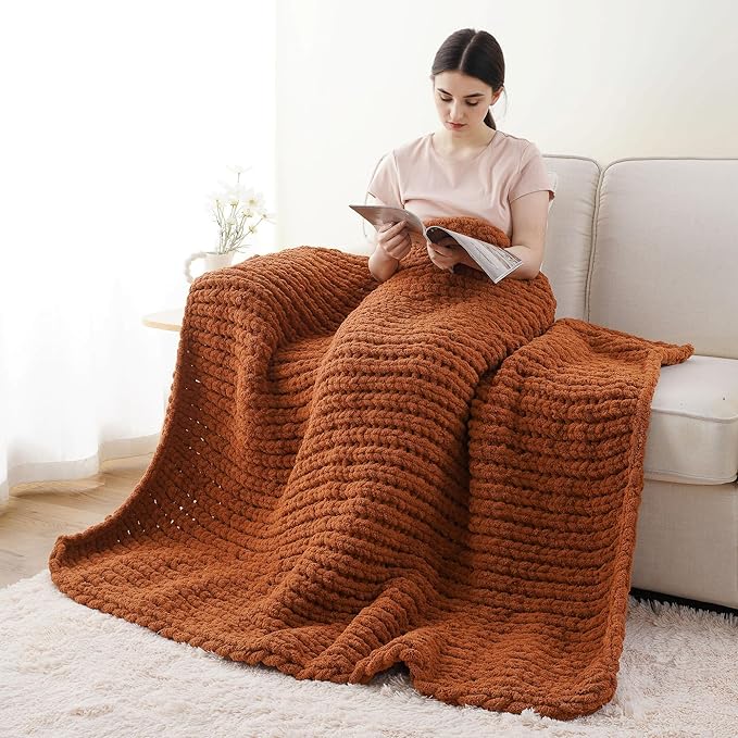 Battilo Chunky Knit Throw Blanket, Soft and Thick Chenille Throw Blanket, 50"x60" Handmade Cable Knit Crochet Blanket, Large Rope Knot Throw Blankets for Couch Sofa Bed Home Decor, Caramel