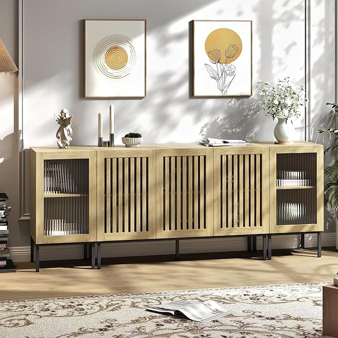 Farmhouse TV Stand for TVs up to 85 Inch, Entertainment Center TV Console with Storage Cabinets and Glass Doors, Media Console for Living Room,Oak