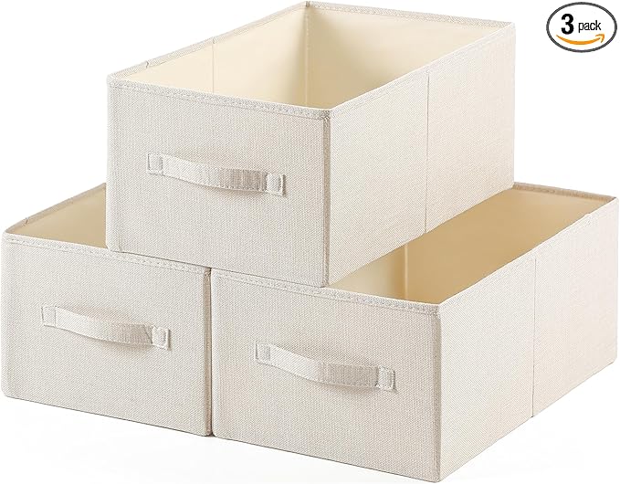 Linen Folding Storage Bins, 3 Pack Large Storage Baskets, Washable, Clothing Storage Bins with Handle, Closet Organizer for Storage Sweater,Sheets(Beige, 18½"x11" x8½")
