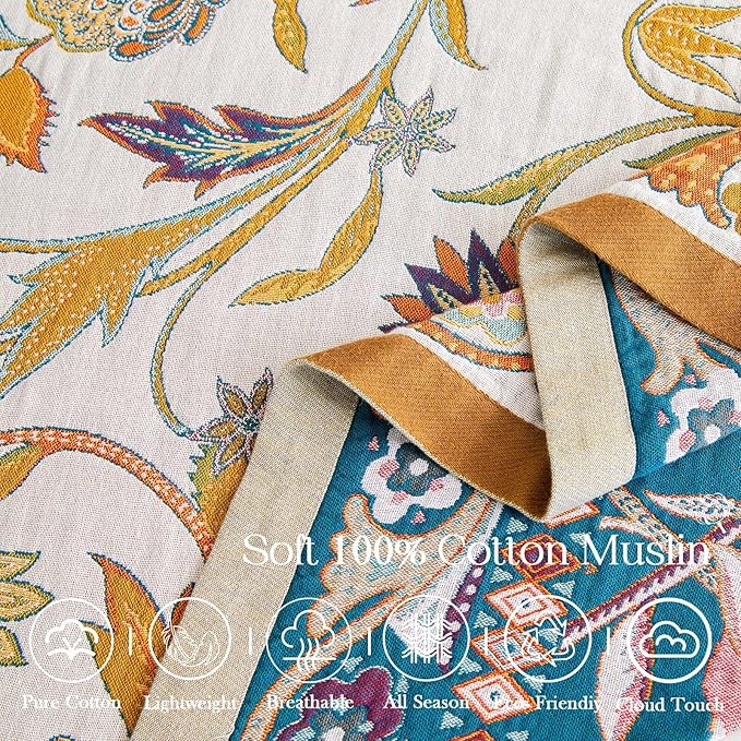 Fall Throw Blanket for Couch, Brown Boho Decorative Throw Blanket, 100% Cotton Muslin Breathable Woven Farmhouse Blankets Quilt, 50"x60" Reversible Lightweight Blankets Bohemian Throw Quilt