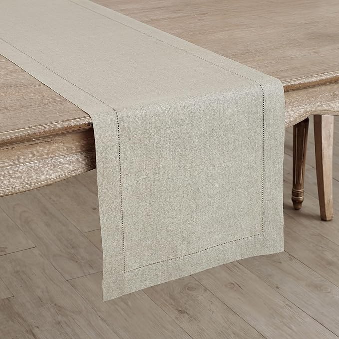 Solino Home Linen Natural Table Runner 90 Inches Long - 100% Pure Linen Hemstitch 14 x 90 Inch Table Runner for Dining, Fall, Autumn, Thanksgiving - Classic Hemstitch