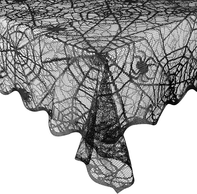 eZAKKA Halloween Table Cloth, Spider Webs Tablecloths Black Tablecloth Lace Fabric Table Cloths Spooky Cover for Rectangle Tables for Parties Gothic Halloween Home Decorations, 60x84 Inch