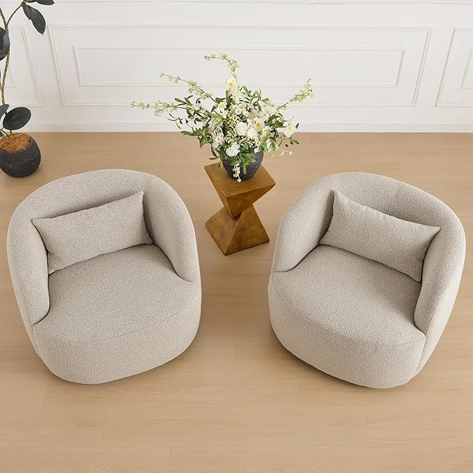 KINWELL 34" Wide Sherpa Swivel Barrel Chairs Set of 2, No Assembly Round Boucle Upholstered Accent Chairs Armchairs Single Sofa Chair with Toss Pillow for Living Room and Bedroom, Taupe