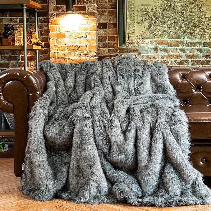BATTILO HOME Silver Grey Faux Fur Throw Blanket for Couch, Bed, Fake Fur Blankets & Throws, Thick Warm Heavy Fluffy Fuzzy Elegant Furry Blanket Long Pile with Black Tips, 50"x60"