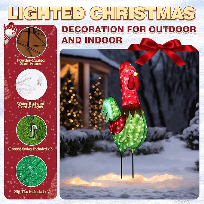 6FT Lighted Rooster with Christmas Hat for Outdoor Christmas Decorations, 3D Pre-Lit Iridescent Rooster Xmas Decor, Glittered Standing Holiday Display Rooster for Outdoor, Indoor