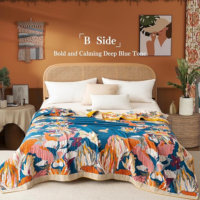 Boho Throw Blanket Full Size, Extra Large Soft Cozy Cotton Muslin Quilt Blanket for Bed Decor, Floral Patterned Couch Sofa Chair Cover, Vintage Farmhouse Cottage Woven Blanket, Yellow&Blue