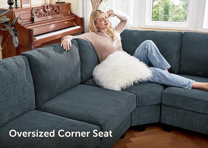 Nolany Sectional Sofa with Storage Ottoman, Corduroy Modular Sectional Couch, U Shape Sectional Couches for Living Room, Blue