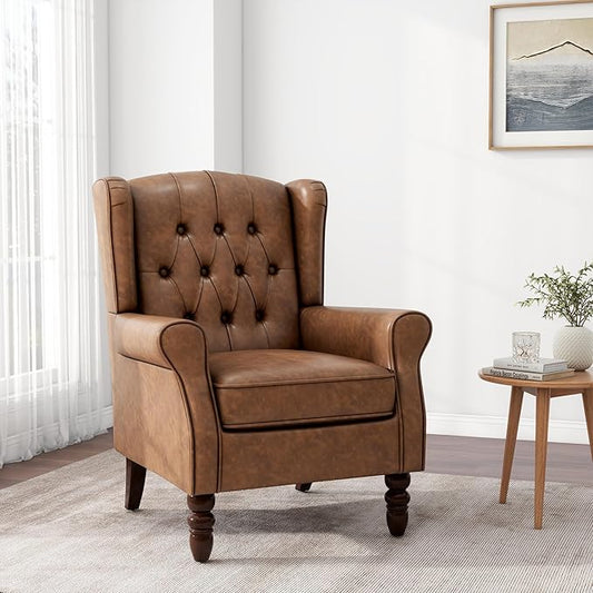 Accent Chair, Upholstered Armchair with Button Tufted High Back & Solid Wood Legs, Comfy Wingback Reading Single Sofa Chair for Small Spaces, Living Room, Bedroom (Leather Brown, Set of 1)