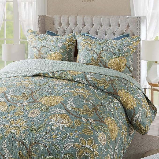 NEWLAKE Cotton Bedspread Quilt Sets-Reversible Patchwork Coverlet Set, Green Floral Pattern, Queen Size