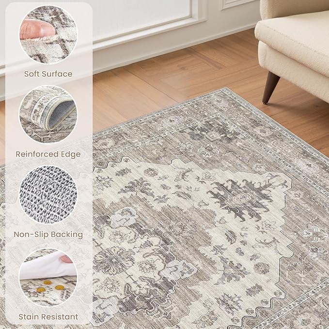 Washable Area Rugs for Living Room - 7x9 Neutral Vintage Distressed Floral Farmhouse Boho Large Soft Floor Rug Indoor Non Slip Carpet for Living Room Bedroom Dining Room Office -Brown/Beige