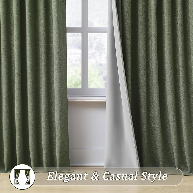 RAIN CITY Extra Wide Linen Blackout Curtains & Drapes with Hooks 70 in Width for 60&72 Inch Window 2 Panels,Back Tab Pleated Curtains for Track System Sliding Glass Door 70x96,Loden Olive Green
