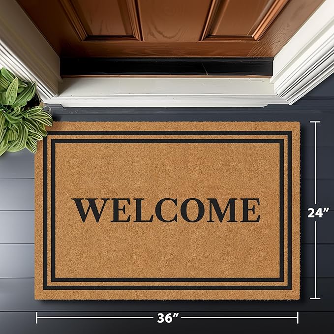 Barnyard Designs Natural Coco Coir Heavy Duty Backing Doormat - Large Cute Non-Slip Front Door Welcome Mat for Outside Entrance or Porch Entry, Brown (24x36, Welcome)