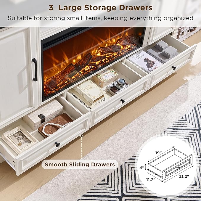 Fireplace TV Stand for 80 Inch TV, 35.7" Tall Farmhouse Entertainment Center W/36'' Electric Fireplace, Media Console with Large Storage Cabinets and Drawers for Living Room, Antique White