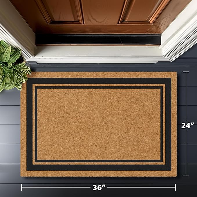 Barnyard Designs Natural Coco Coir Heavy Duty Backing Doormat - Large Cute Non-Slip Front Door Welcome Mat for Outside Entrance or Porch Entry, Brown (24x36, Border)