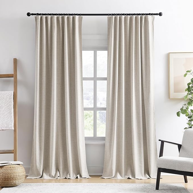 Extra Wide Curtains 96 Inch Long 2 Panels,Floor to Ceiling Boho Noise Reduction Window Burlap Track System Curtain Panels for Country Villa Back Tab Pleat Tape with Hooks,Linen Beige 70x96
