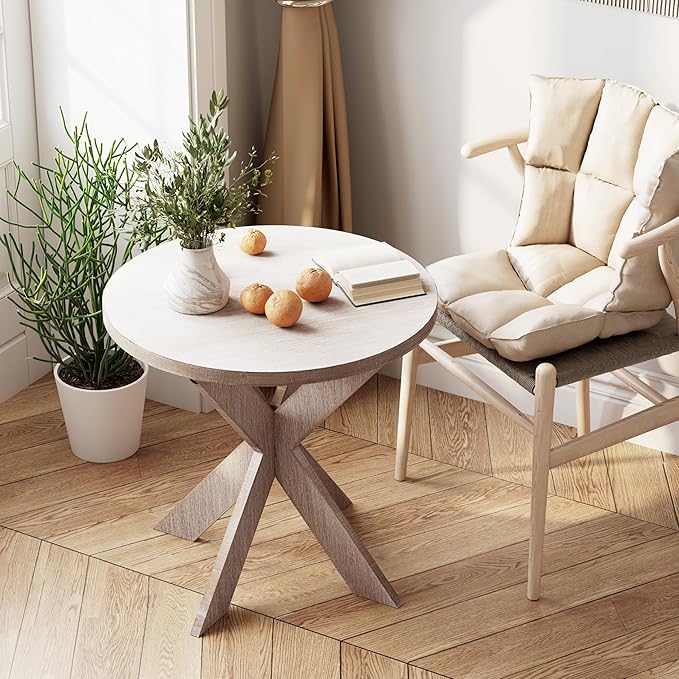 Farmhouse Cross Leg end Table, French Country Accent Side Table for Family, Dinning or Living Room, Small Spaces, Modern, Round, Vintage Grey Finish.