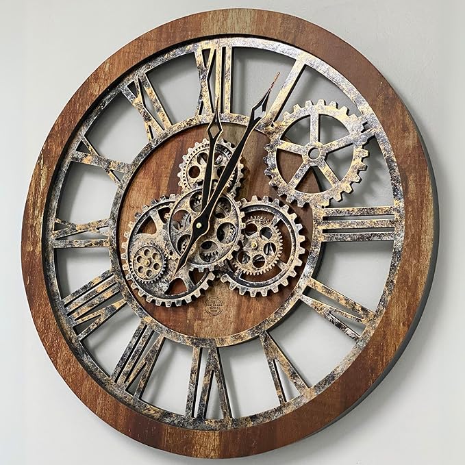 The Gears Clock The Original Real Moving Gear Wall Clock Vintage Industrial Oversized Rustic Farmhouse (24 inch (60cm), Vintage Brown)