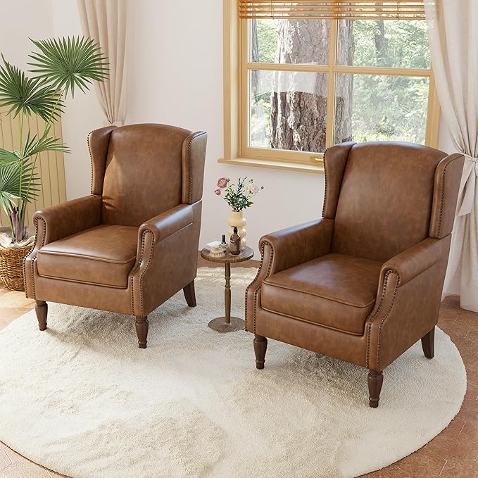 Accent Chairs, Faux Leather High Back Armchair setof 2 or Living Room, Comfy Upholstered Single Sofa Reading Chairs with Solid Wood Legs for Office, Bedroom, Waiting Room-Leather Brown