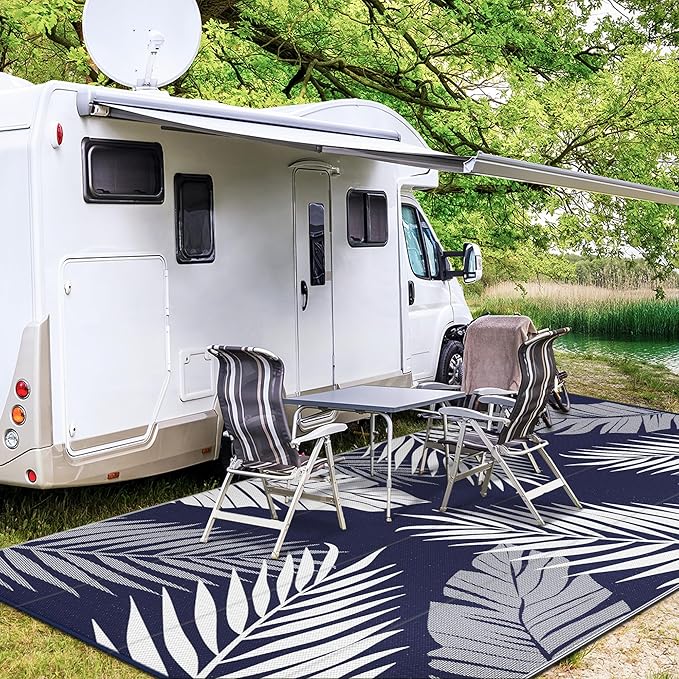 GENIMO Outdoor Rug 9' x 18' Waterproof for Patios Clearance, Reversible Outdoor Plastic Straw Camping Rug Carpet, Large Area Rugs Mats for RV, Camper, Deck, Balcony, Porch, Beach, Navy Blue&White