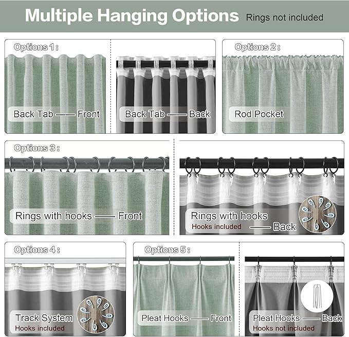 RAIN CITY Light Green Linen Blackout Curtains 102 Inch Long for Living Room,2 Panels Pinch Pleated Drape with Hooks Back Tab Boho Decor, Textured Full Black Out Curtains for Bedroom 50 x 102