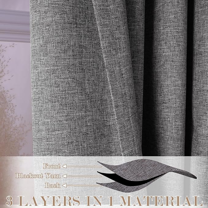 Extra Wide 100% Blackout Linen Textured Curtains - Room Dividers, W200 x L84 (1 Panel), Pinch Pleat Drapes for Living Room, Full Light Block Out Drapery for Sliding Door, Gray