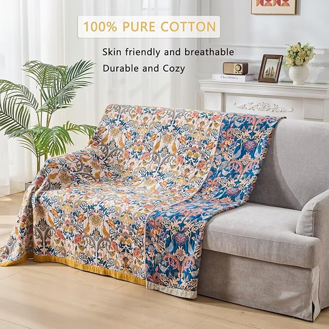 Fall Boho Throw Blanket for Bed, Muslin Reversible Blanket Washable Breathable,100% Cotton Lightweight 4-Layer King Size Throw Blanket for Bed,90"x98"