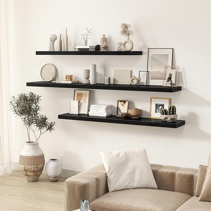 Fun Memories 55 Inch Floating Shelves for Wall 2 Pack Shelves for Bedroom|Kitchen|Bathroom 55 x 9.3 Inch Wood Floating Shelf with Invisible Brackets for Books|Storage|Decor, Black