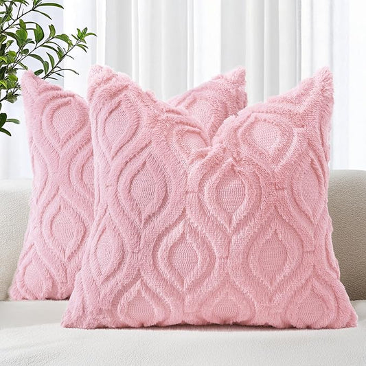decorUhome Throw Pillow Covers 20x20 Inch Set of 2, Soft Plush Decorative Faux Fur Light Pink Solid Couch Pillow Covers, Accent Farmhouse Neutral Square Euro Pillow Cases for Sofa Bed Living Room