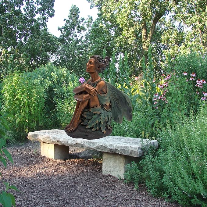 Copper Toned Fairy Holding Knees with Blue Accents Garden Statue, Whimsical Outdoor Decor, 13 Inches