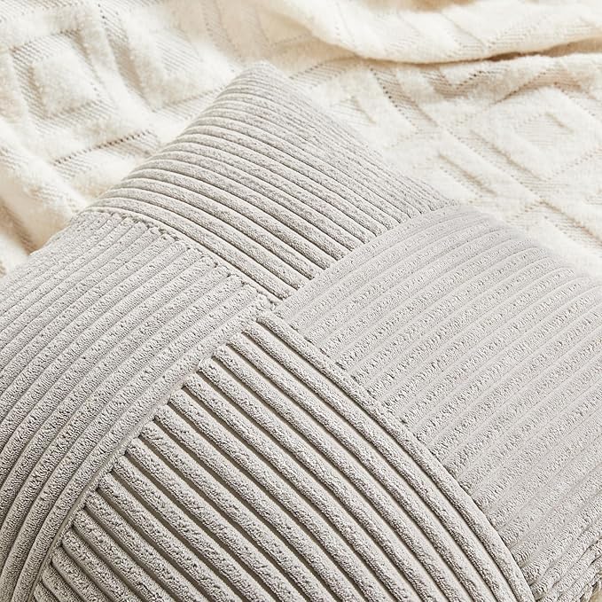 Fancy Homi 2 Packs Neutral Grey Decorative Throw Pillow Covers 18x18 Inch for Living Room Couch Sofa, Rustic Farmhouse Boho Home Decor, Soft Corss Corduroy Patchwork Textured Square Cushion Case 45cm