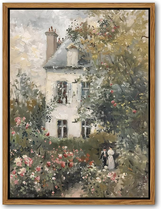 Floating Framed Canvas Vintage Wall Art, Neutral English Cottage Rose Garden Oil Paintings Print, Spring Pictures Wall Decor for Living Room Hallway Bedroom Office Rustic Decor 16x24 inch