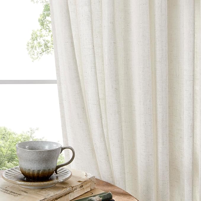 Joydeco Light Filtering Curtains 90 Inch Length for Bedroom, Linen Curtains 90 Inch Length 2 Panels Set for Living Room，White Semi Sheer Drapes 90 Inches Long with Rod Pockets