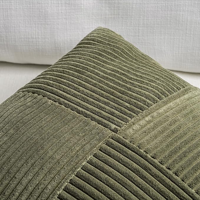 Fancy Homi Set of 2 Olive Green Boho Long Lumbar Body Decorative Throw Pillow Cover 14x36 Inch for Bed Couch Bedroom Bench, Soft Patchwork Corduroy Textured Pillow Case, Rustic Farmhouse Room Décor