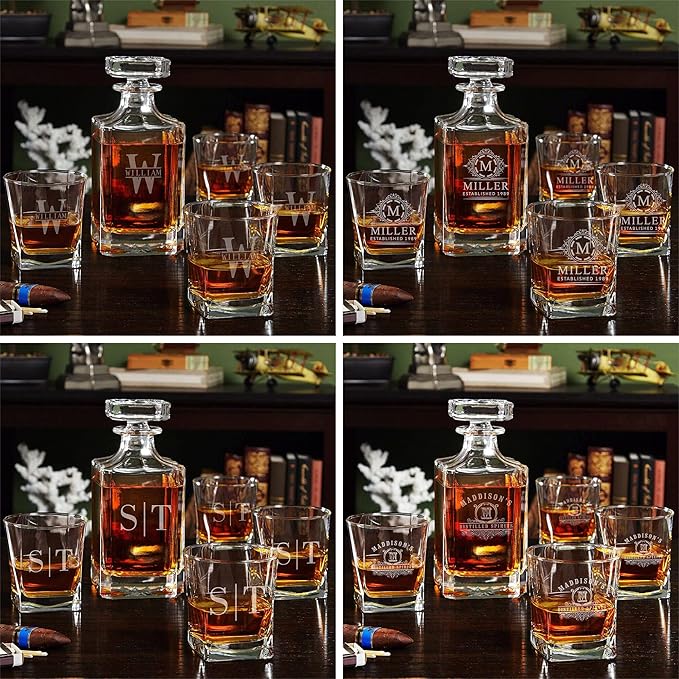 Personalized Whiskey Decanter Set with Wood Gift Box - Custom Bourbon and Scotch Gift Boxed Set